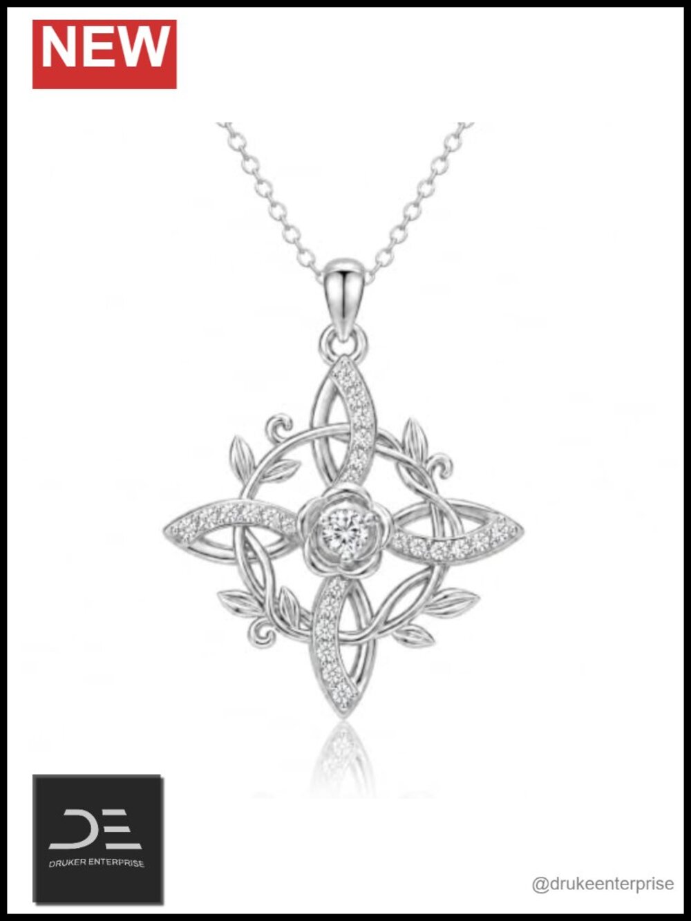 Witches Knot Pendant Necklace Women Celtic Wiccan 14k White Gold Plated CZ